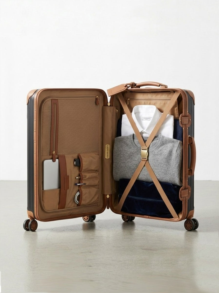 Rigid suitcase with leather trim